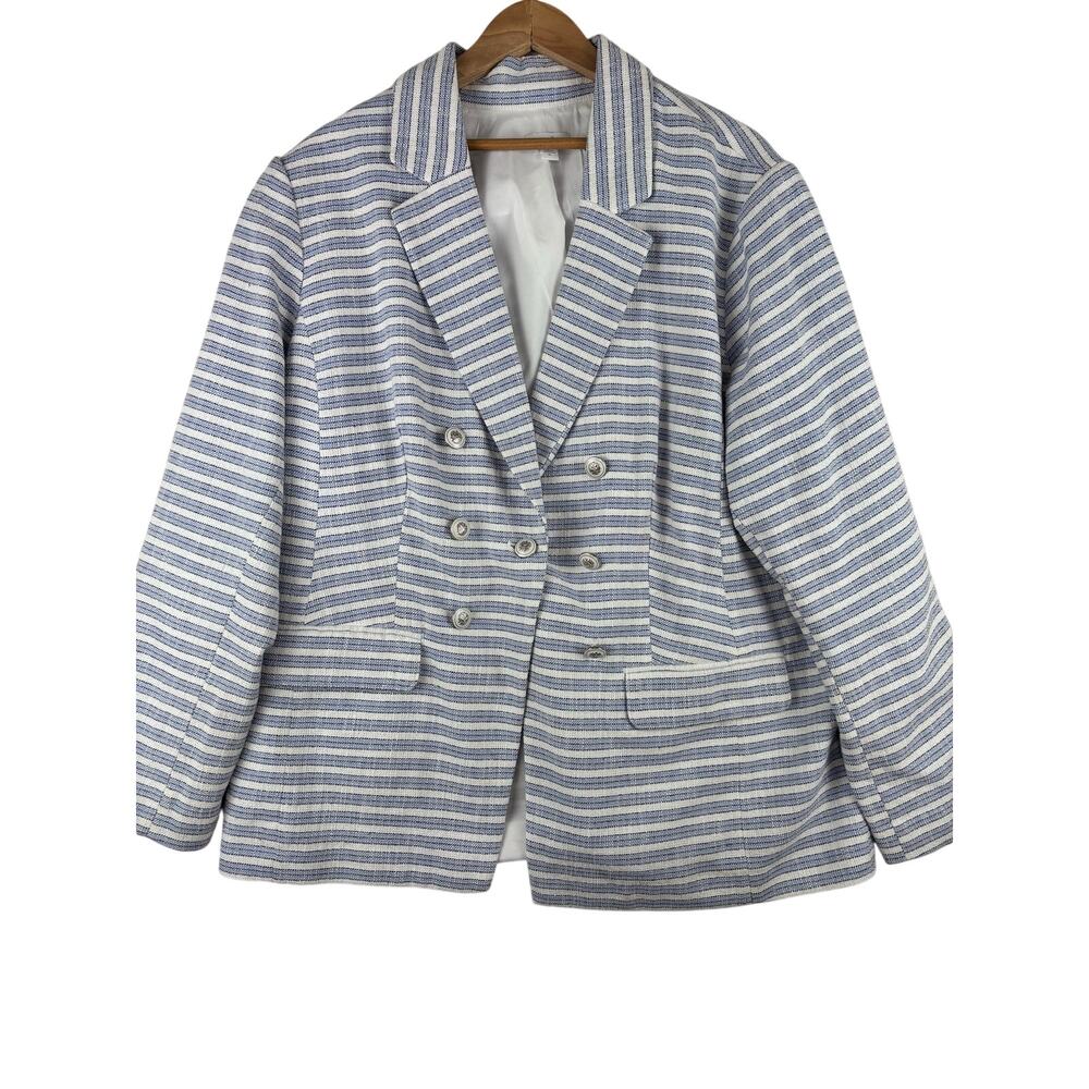 J Jill XL Blue White Striped Double Breasted Blazer Coastal Preppy Office Tweed - Picture 2 of 7